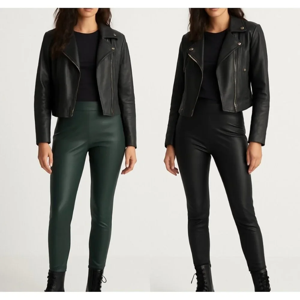 Faux Leather Leggings Bundle Sz L Black & Green Edgy Streetwear High Waist Pants - Picture 1 of 16
